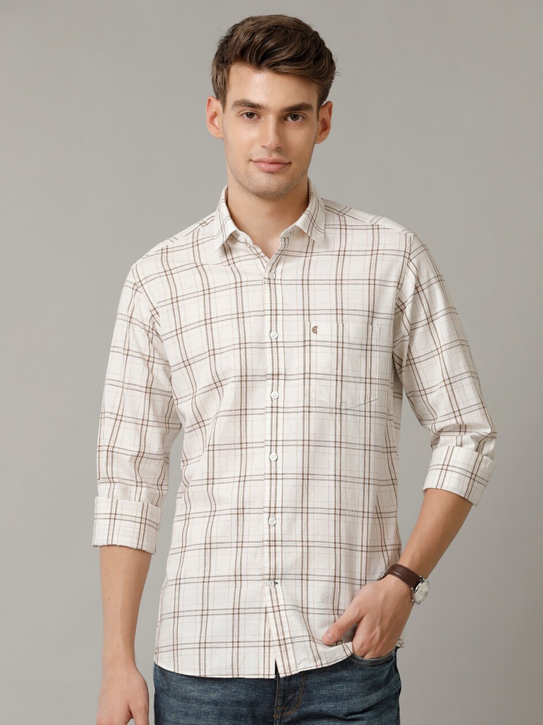 

CAVALLO by Linen Club Contemporary Slim Fit Tartan Checked Spread Collar Casual Shirt, Beige