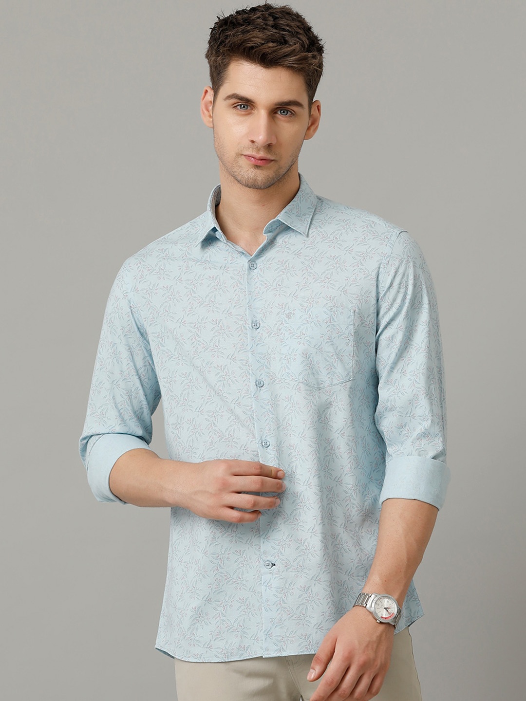 

CAVALLO by Linen Club Contemporary Slim Fit Floral Printed Spread Collar Casual Shirt, Blue