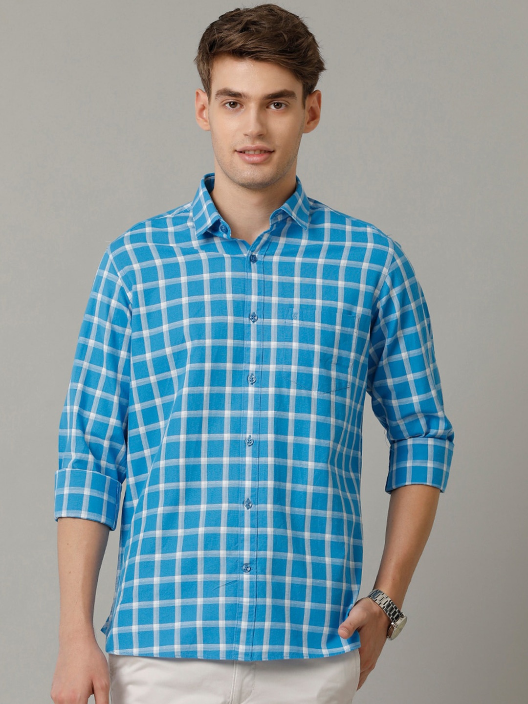 

CAVALLO by Linen Club Men Contemporary Slim Fit Tartan Checks Opaque Checked Casual Shirt, Blue