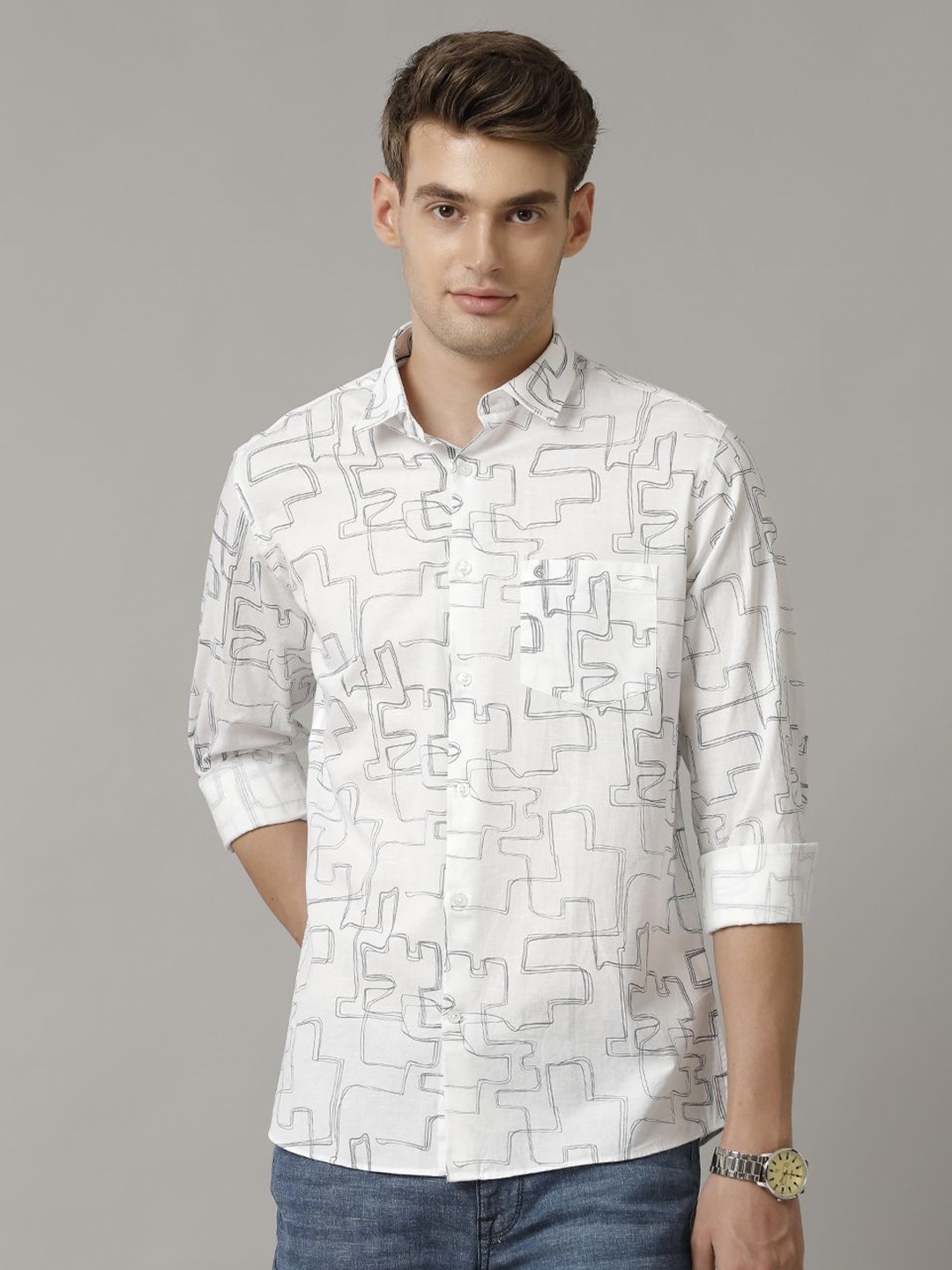 

CAVALLO by Linen Club Contemporary Slim Fit Abstract Printed Spread Collar Casual Shirt, White