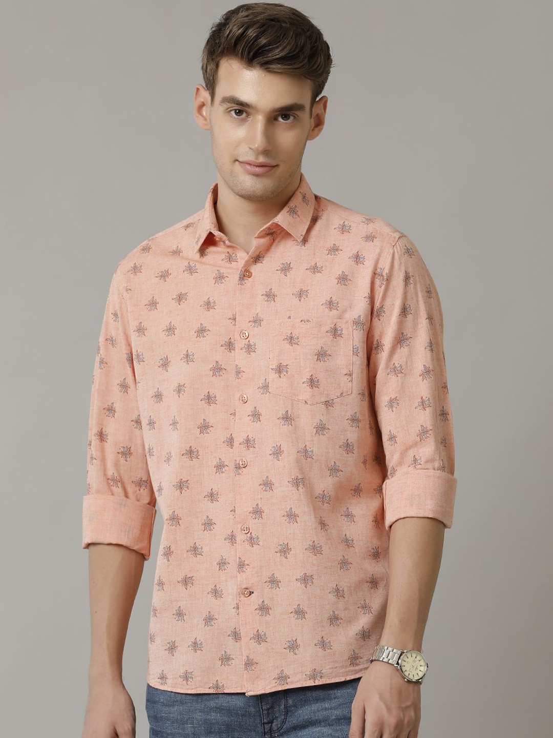 

CAVALLO by Linen Club Men Contemporary Slim Fit Opaque Printed Casual Shirt, Orange