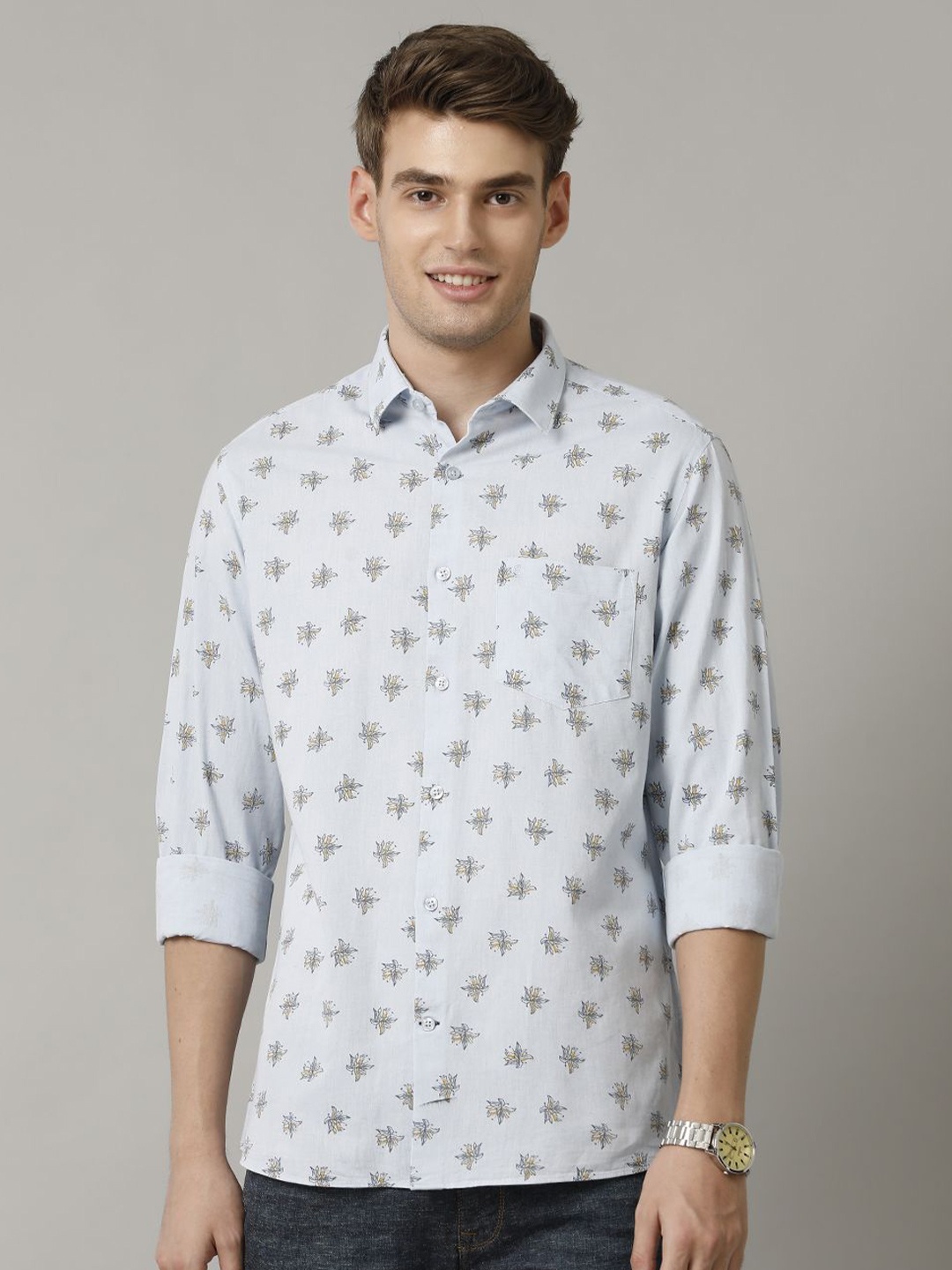 

CAVALLO by Linen Club Contemporary Slim Fit Floral Printed Spread Collar Casual Shirt, Blue