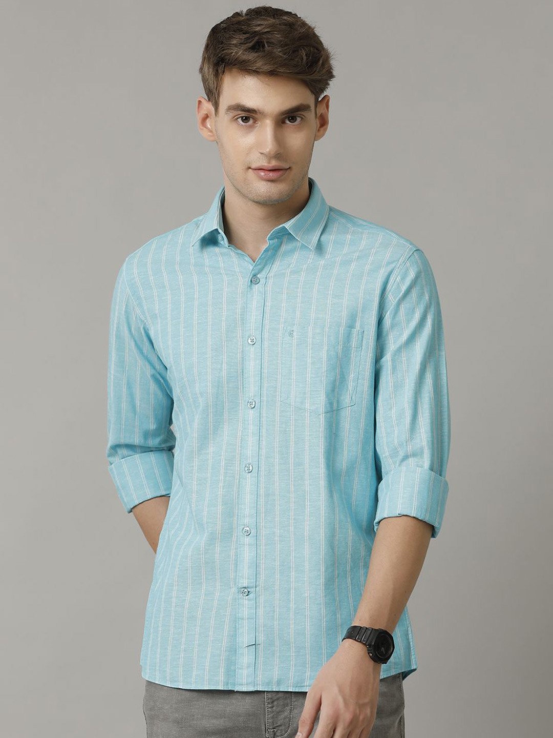 

CAVALLO by Linen Club Men Contemporary Slim Fit Opaque Striped Casual Shirt, Turquoise blue