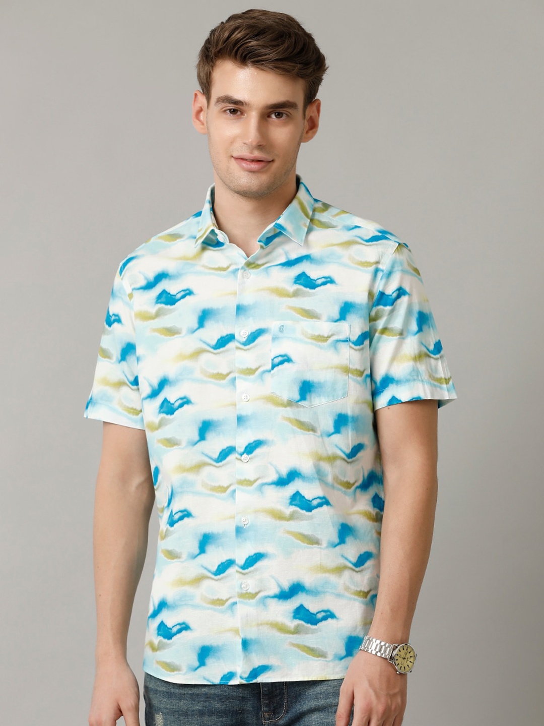 

CAVALLO by Linen Club Contemporary Slim Fit Abstract Printed Spread Collar Casual Shirt, Blue