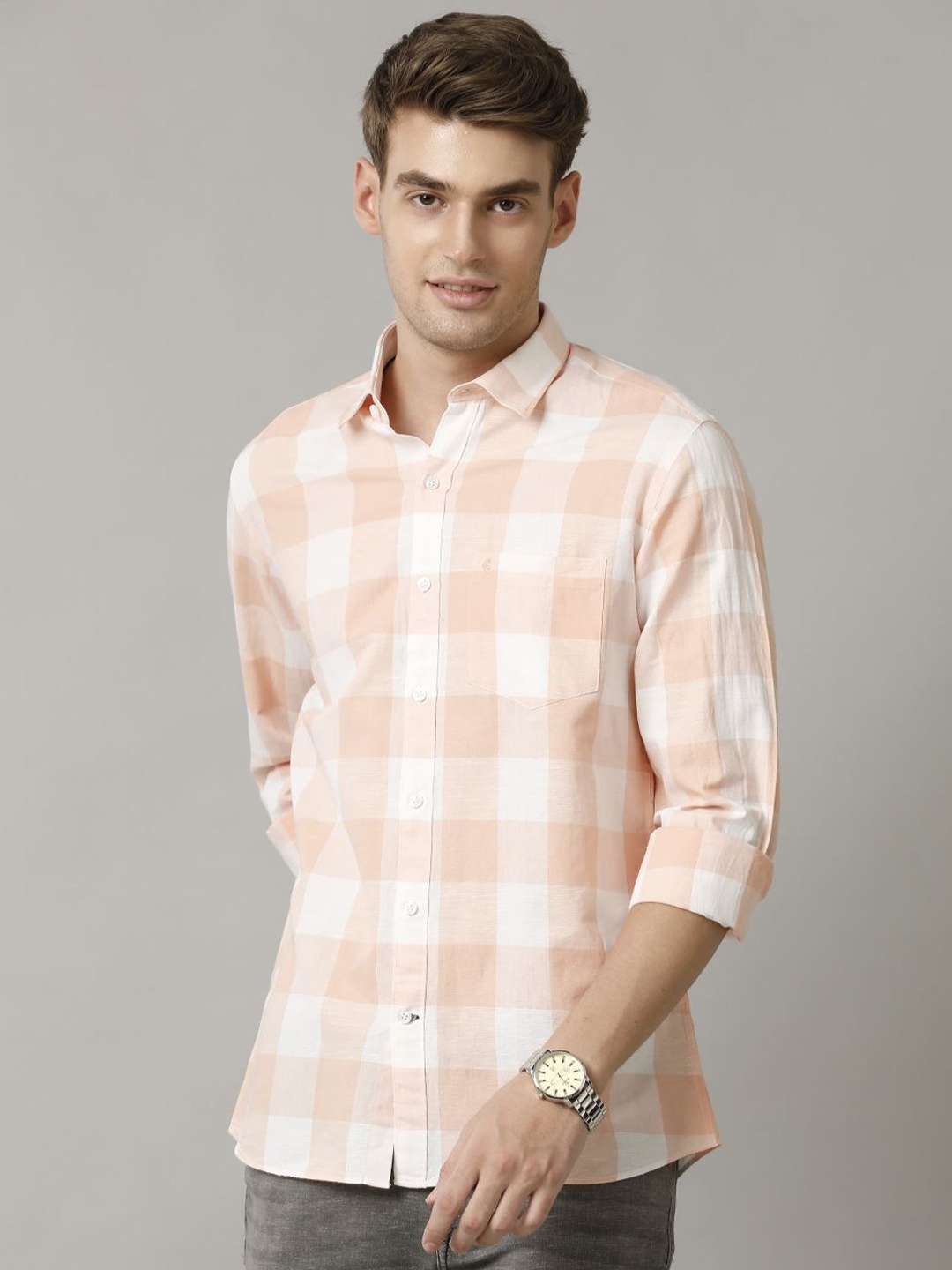 

CAVALLO by Linen Club Contemporary Slim Fit Gingham Checked Spread Collar Casual Shirt, Orange