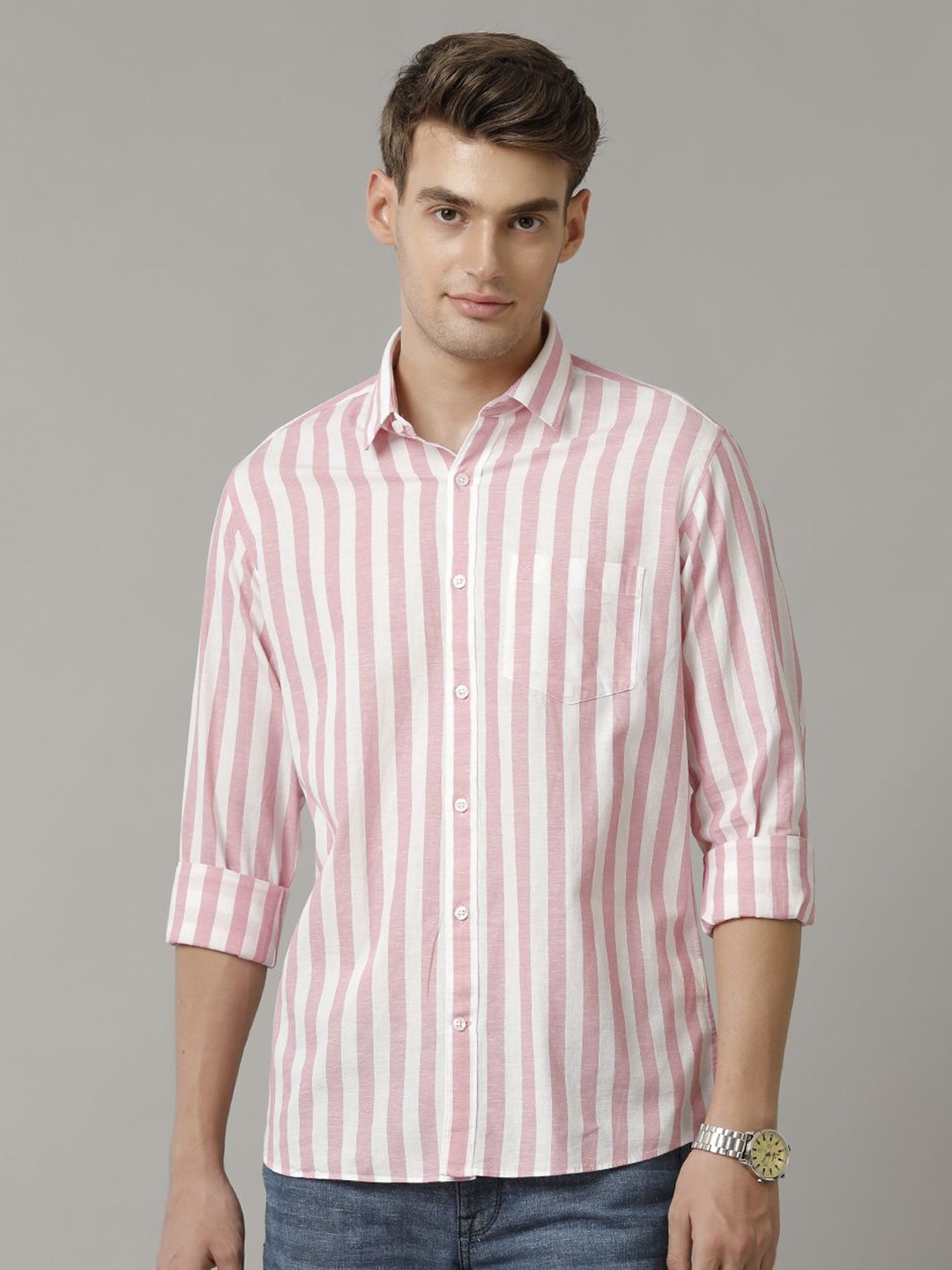 

CAVALLO by Linen Club Contemporary Slim Fit Striped Spread Collar Casual Shirt, Pink