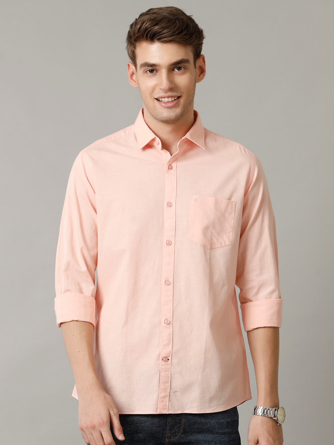 

CAVALLO by Linen Club Men Contemporary Slim Fit Spread Collar Casual Shirt, Peach