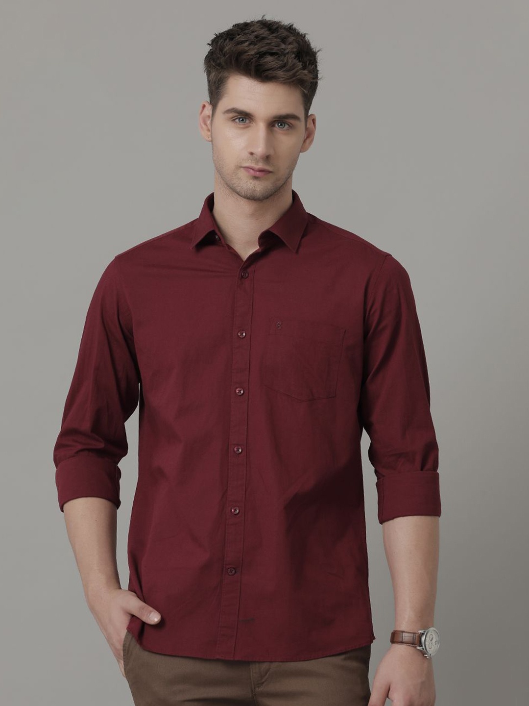 

CAVALLO by Linen Club Contemporary Slim Fit Spread Collar Casual Shirt, Maroon