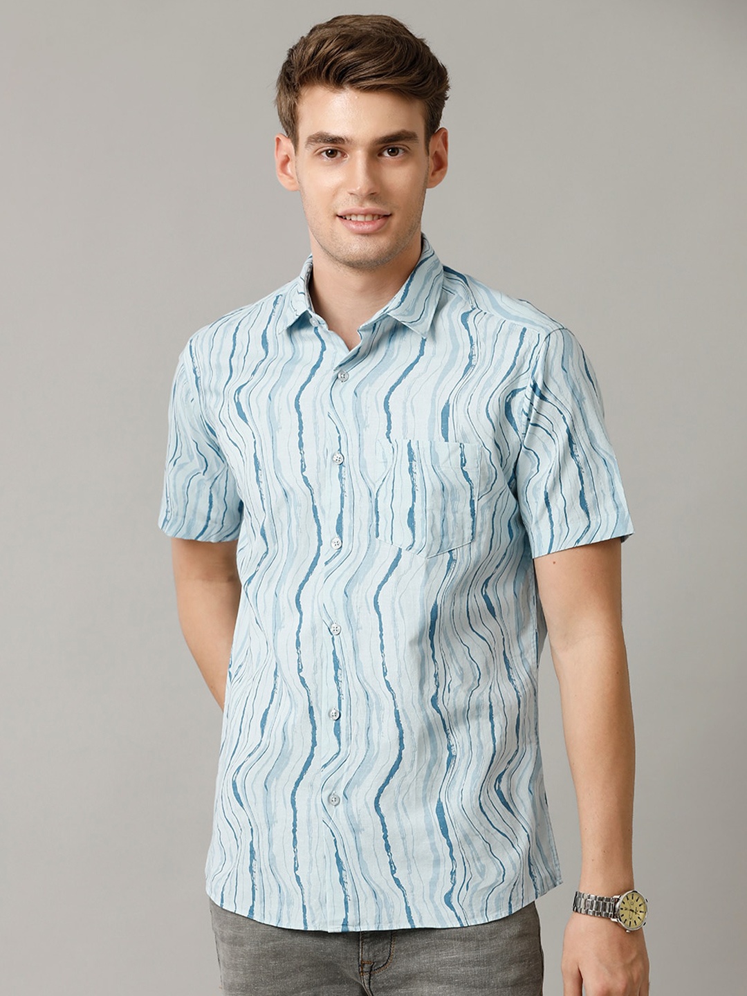 

CAVALLO by Linen Club Contemporary Slim Fit Abstract Printed Spread Collar Casual Shirt, Blue