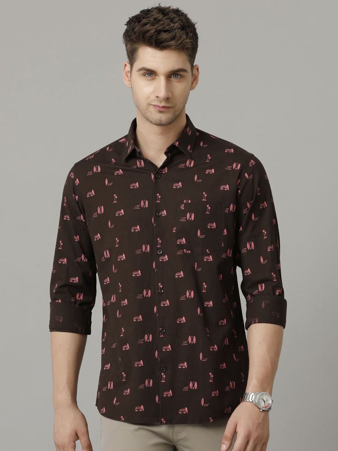 

CAVALLO by Linen Club Men Brown Contemporary Slim Fit Opaque Printed Casual Shirt