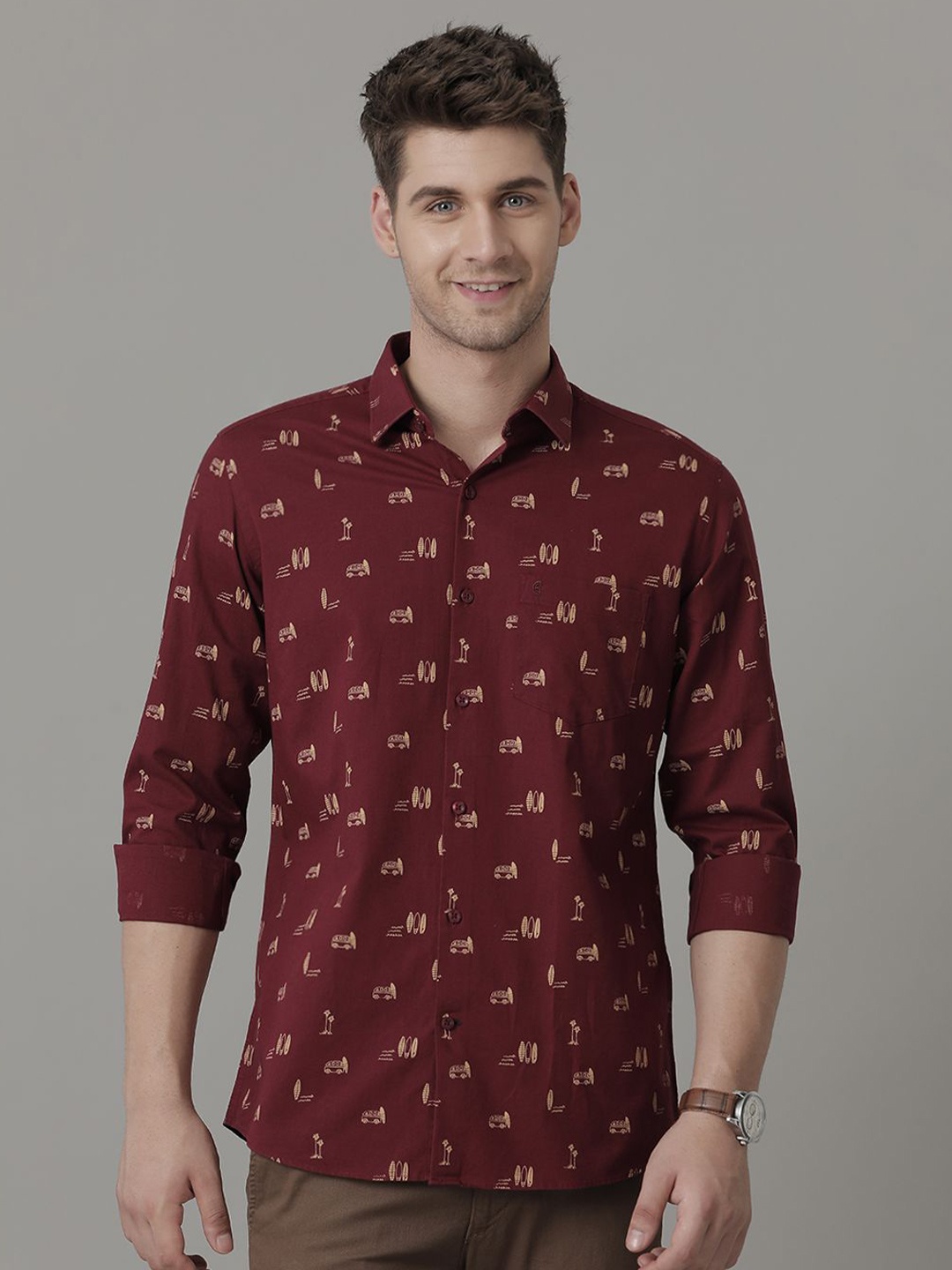 

CAVALLO by Linen Club Contemporary Slim Fit Conversational Printed Casual Shirt, Maroon