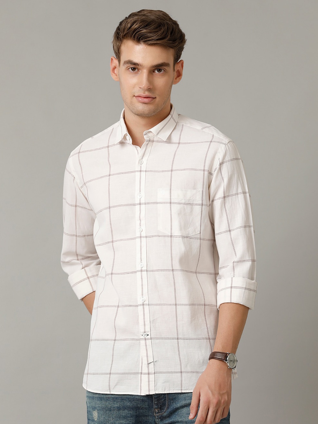 

CAVALLO by Linen Club Contemporary Slim Fit Windowpane Checks Spread Collar Casual Shirt, Off white