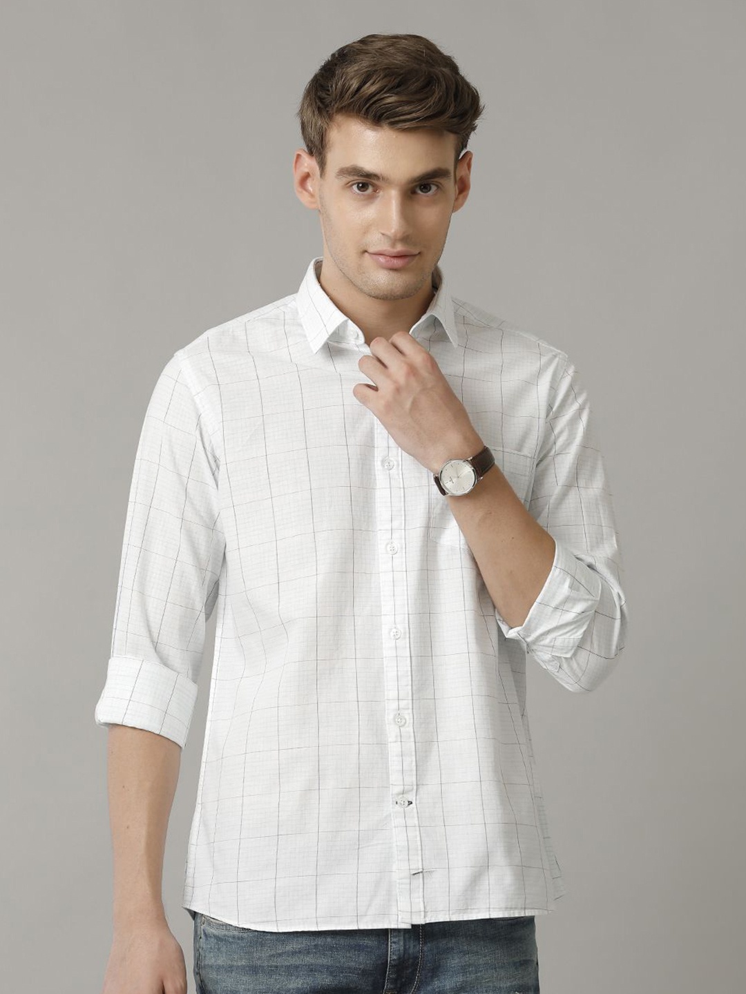 

CAVALLO by Linen Club Contemporary Slim Fit Windowpane Checks Casual Shirt, White