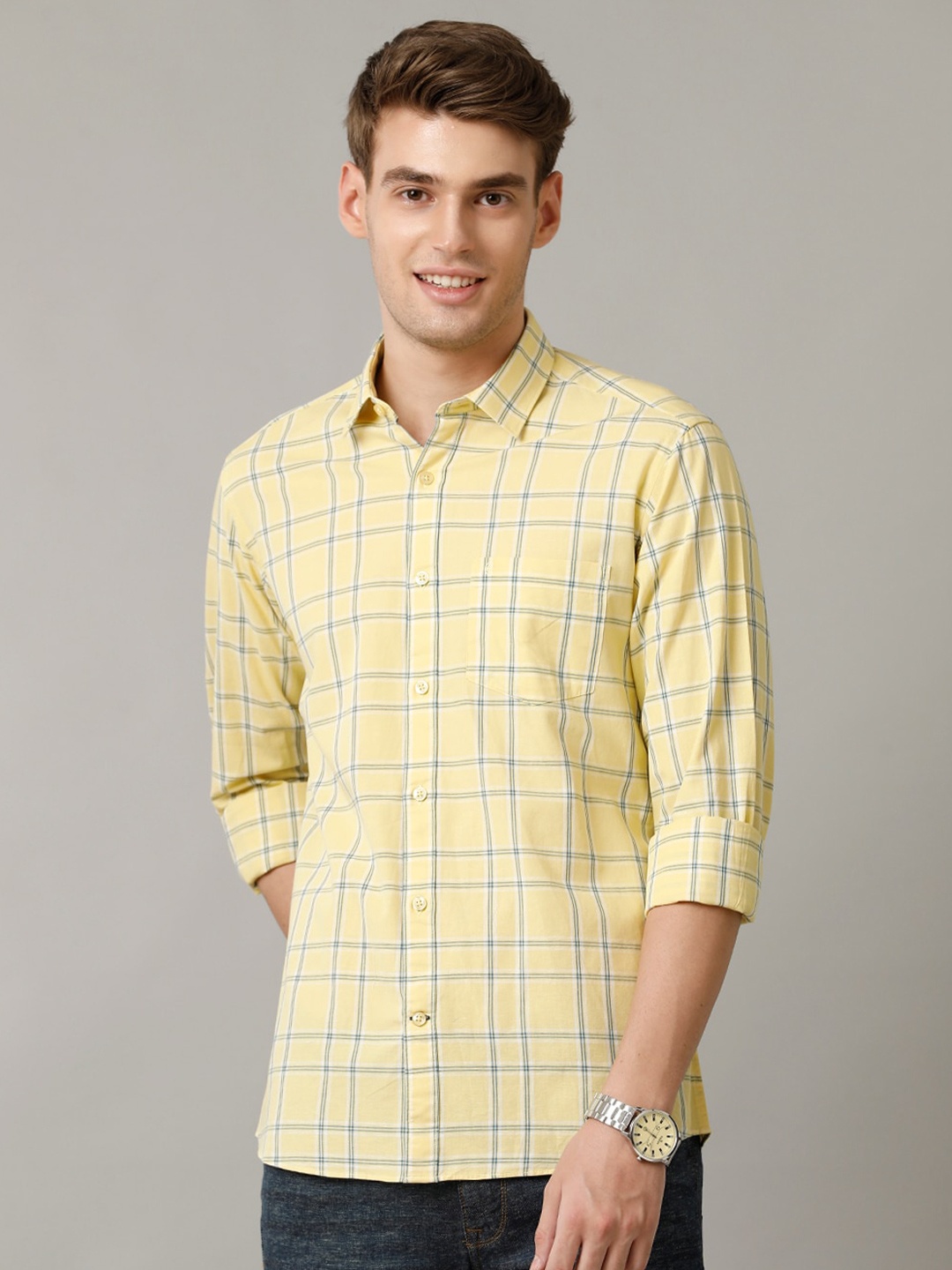 

CAVALLO by Linen Club Contemporary Slim Fit Tartan Checked Spread Collar Casual Shirt, Yellow