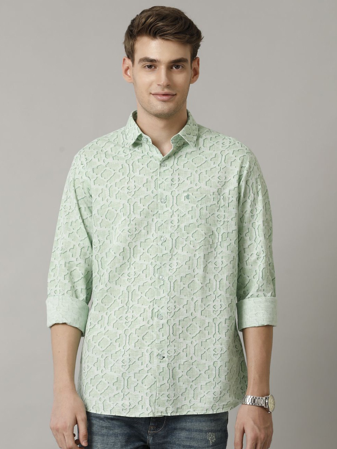CAVALLO by Linen Club Contemporary Slim Fit Geometric Printed Spread Collar Casual Shirt, Green