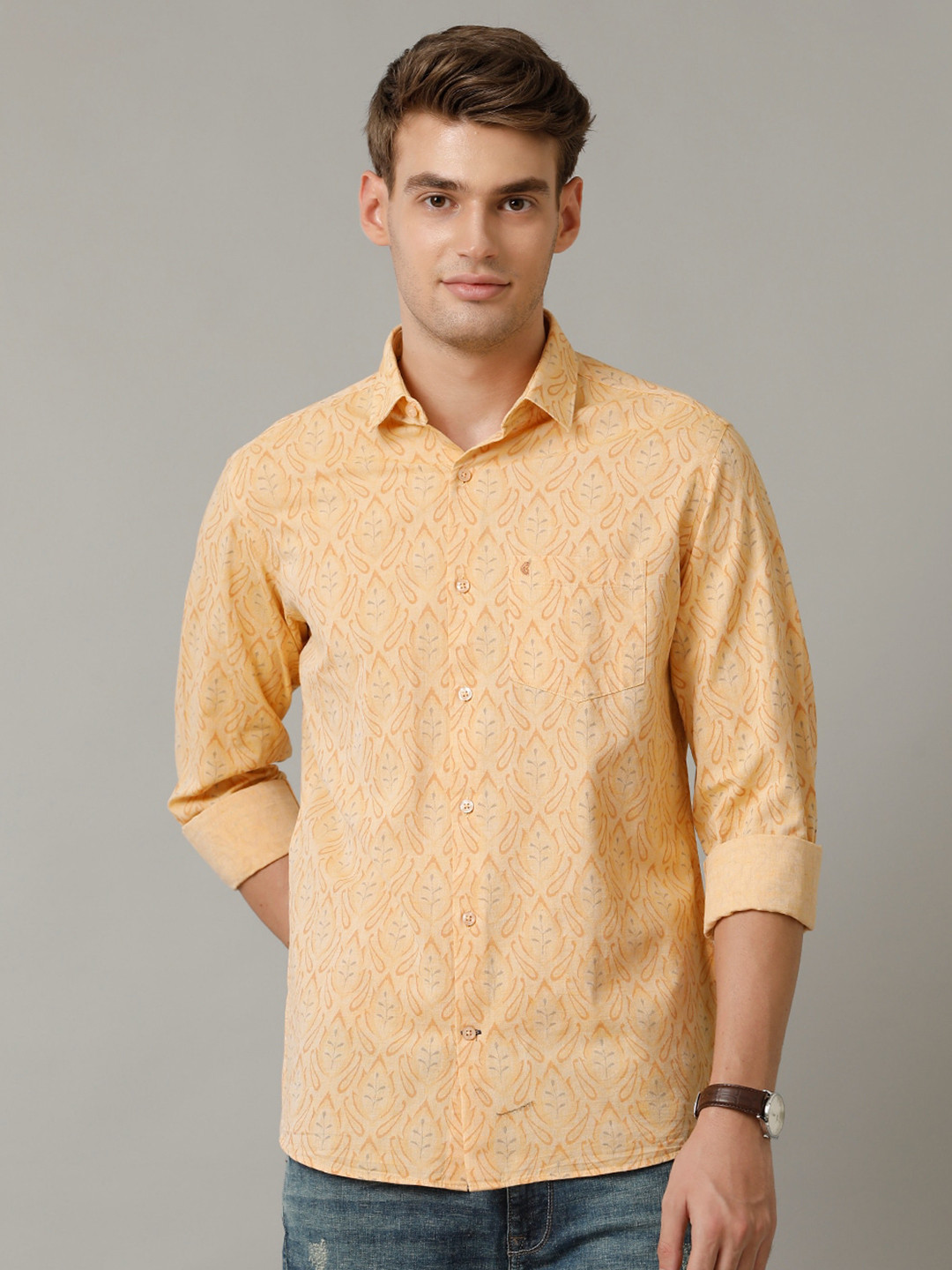 

CAVALLO by Linen Club Contemporary Slim Fit Floral Printed Spread Collar Casual Shirt, Orange