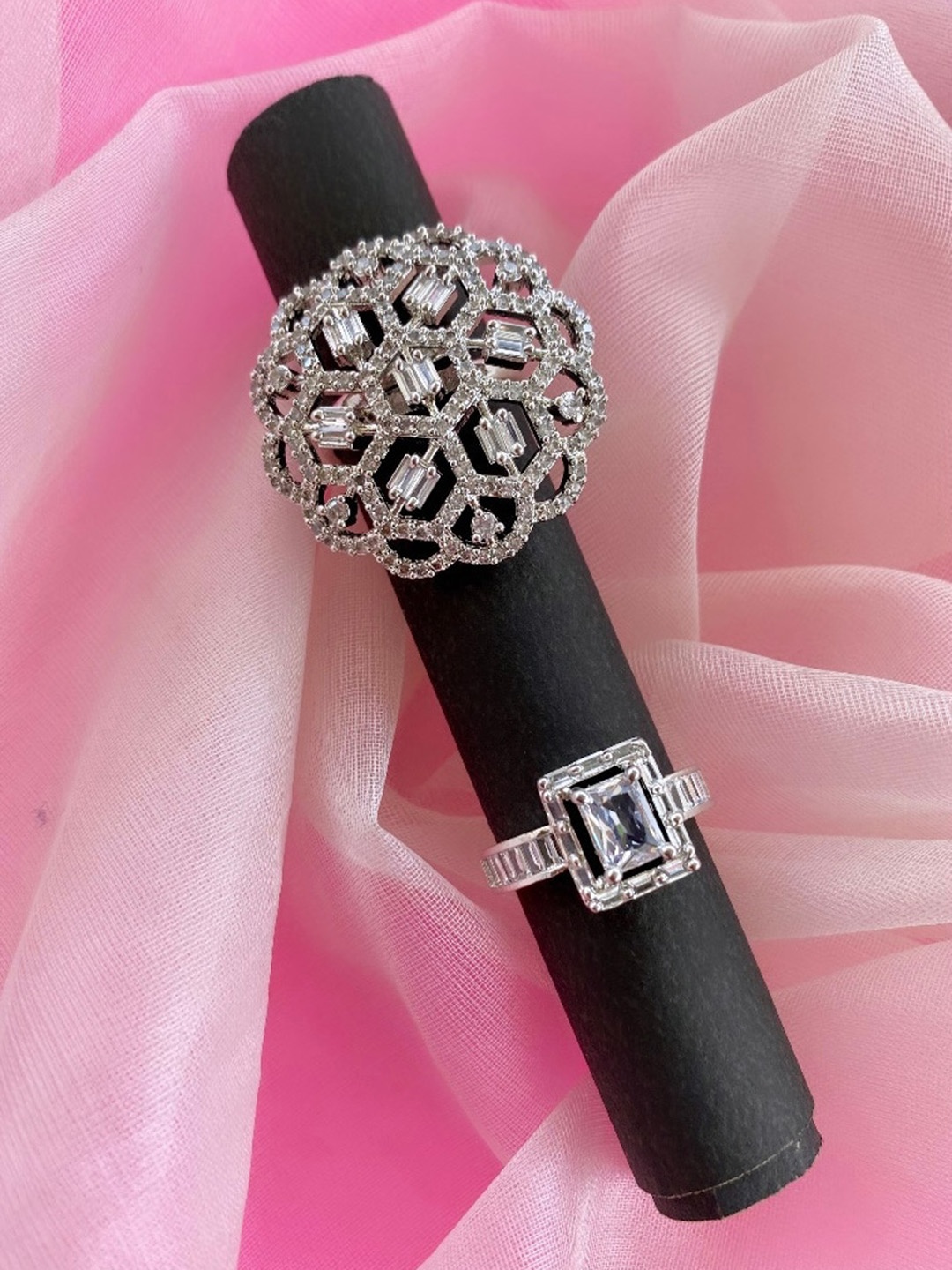 

ATIBELLE Women Set of 2 Silver-Plated CZ-Studded Finger Rings
