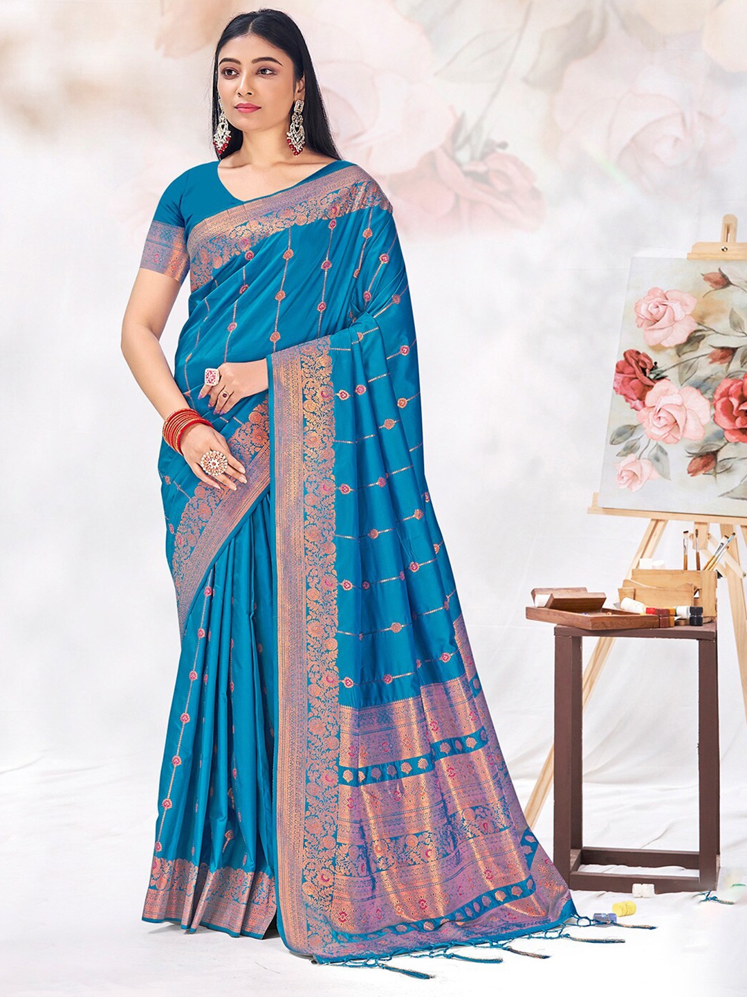 

SANGAM PRINTS Woven Design Zari Silk Blend Tussar Saree, Blue