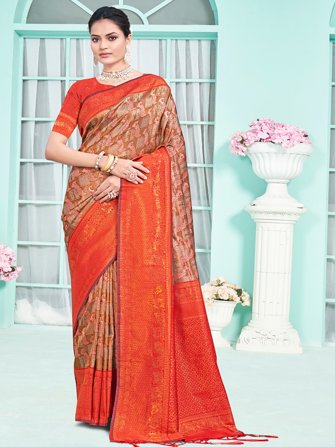 

SANGAM PRINTS Woven Design Zari Tussar Saree, Orange