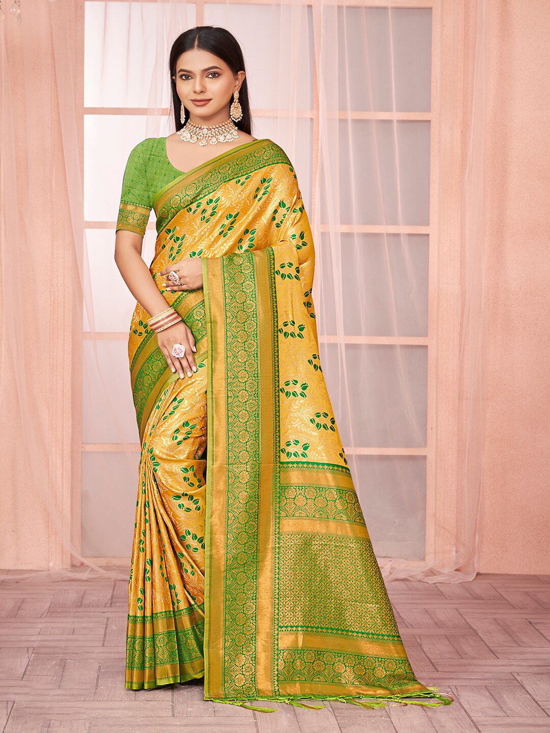 

SANGAM PRINTS Ethnic Motifs Zari Tussar Saree, Yellow