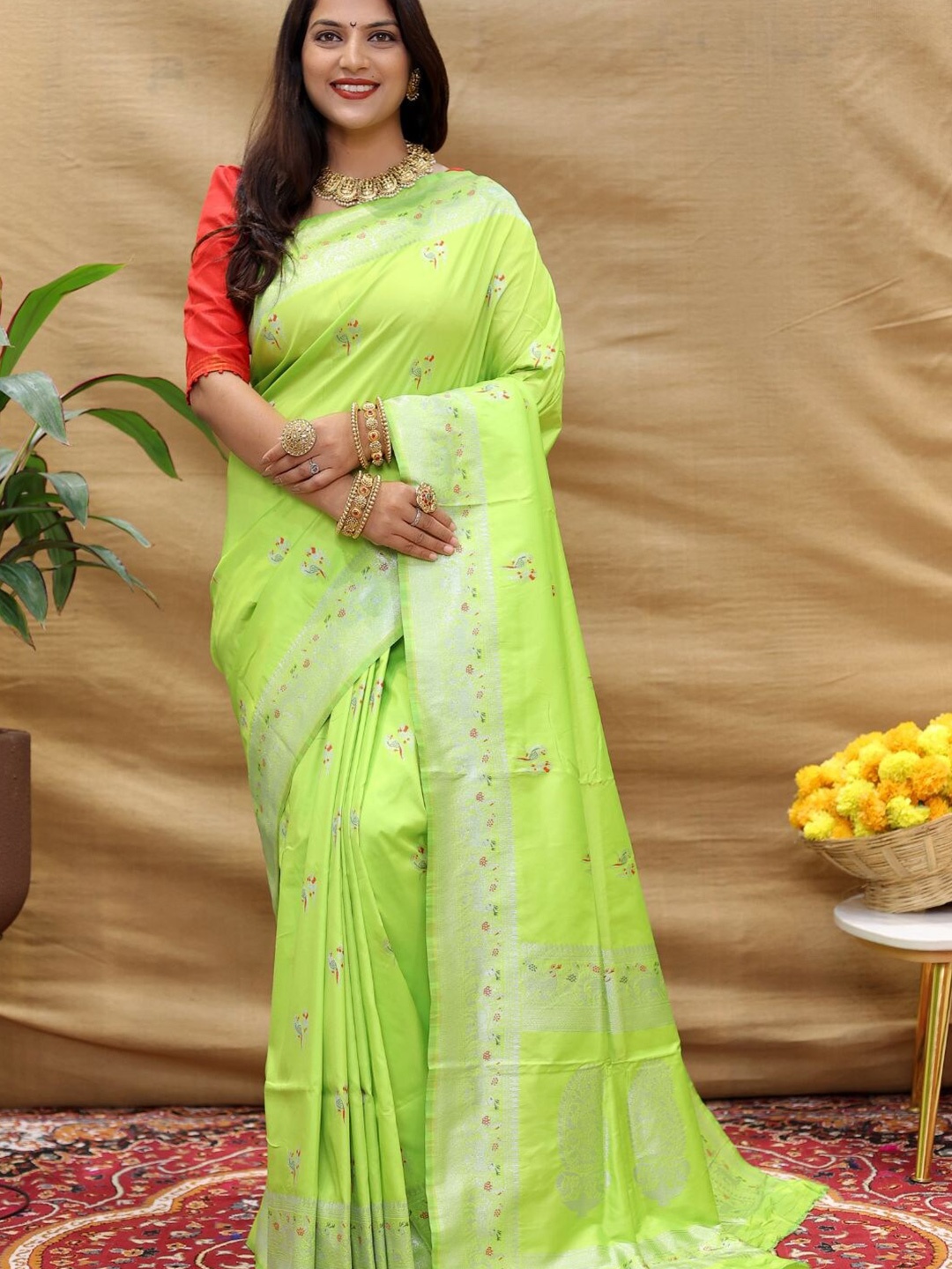 

SGF11 Woven Design Zari Art Silk Heavy Work Kanjeevaram Saree, Lime green