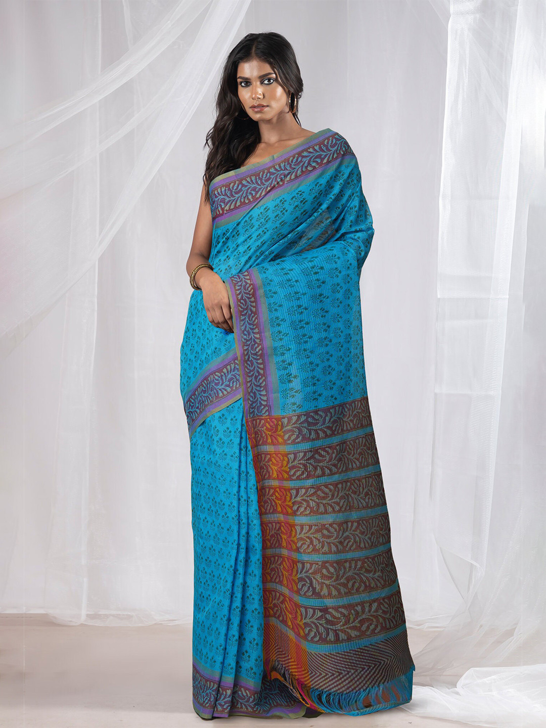 

Unnati Silks Ethnic Motifs Pure Cotton Handloom Mangalagiri Saree, Blue