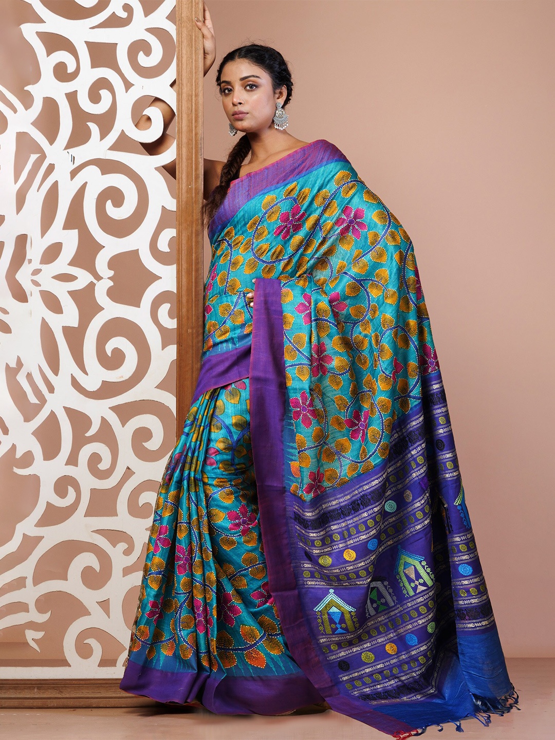 

Unnati Silks Ethnic Motifs Kantha Work Pure Silk Handloom Tussar Saree, Blue