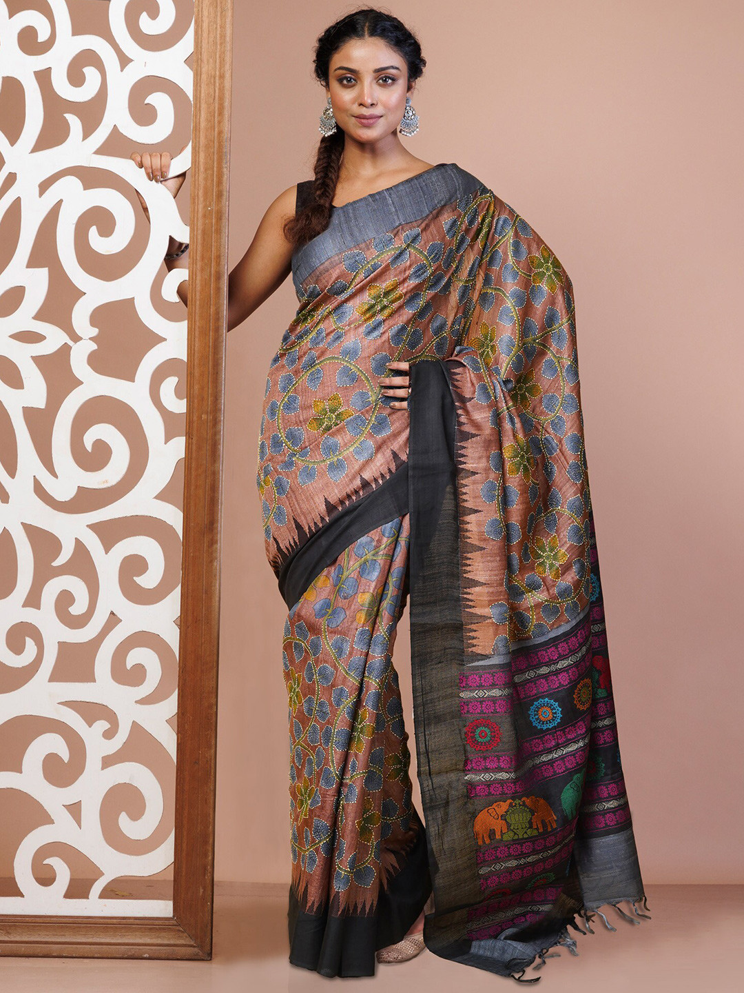 

Unnati Silks Ethnic Motifs Kantha Work Pure Silk Handloom Tussar Saree, Brown