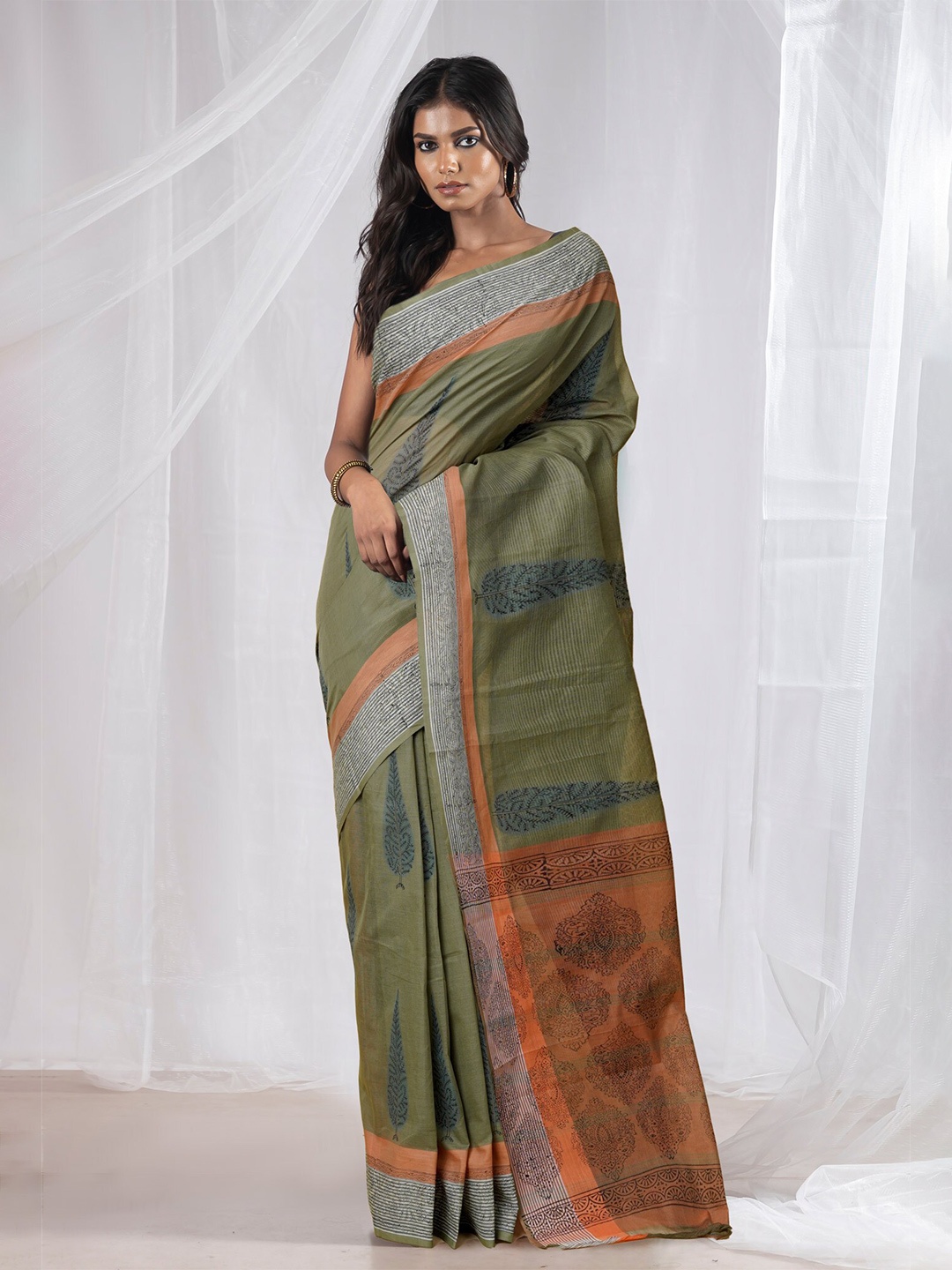 

Unnati Silks Ethnic Motifs Pure Cotton Handloom Mangalagiri Saree, Green