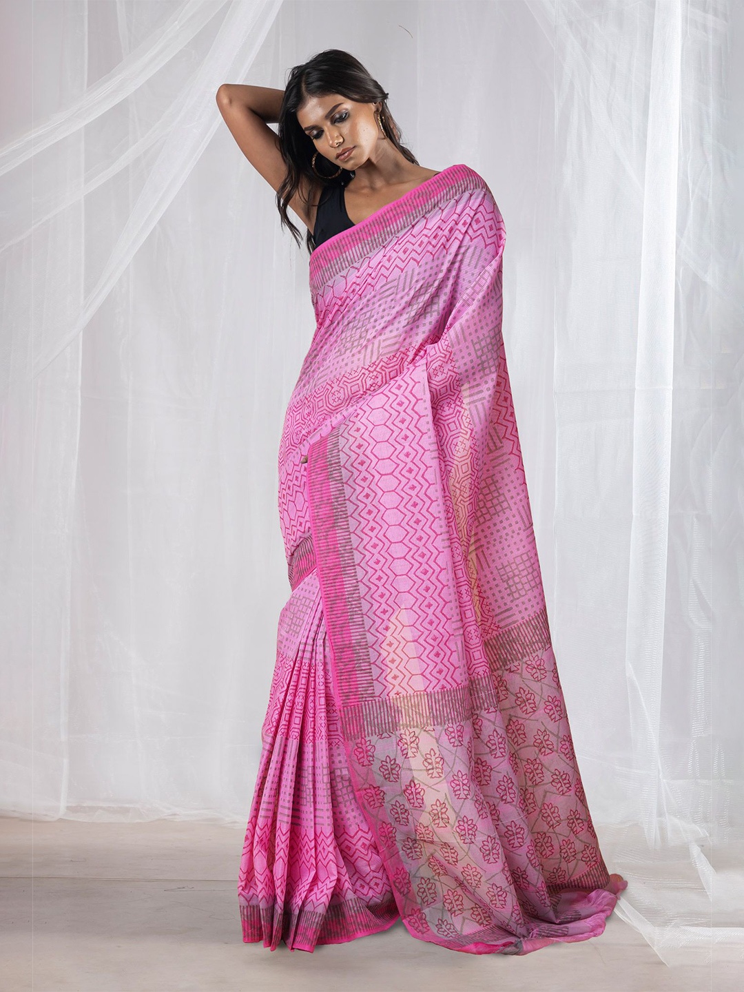 

Unnati Silks Ethnic Motifs Pure Cotton Handloom Mangalagiri Saree, Pink