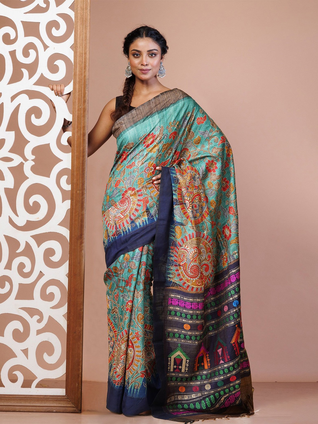 

Unnati Silks Kalamkari Kantha Work Pure Silk Handloom Tussar Saree, Green