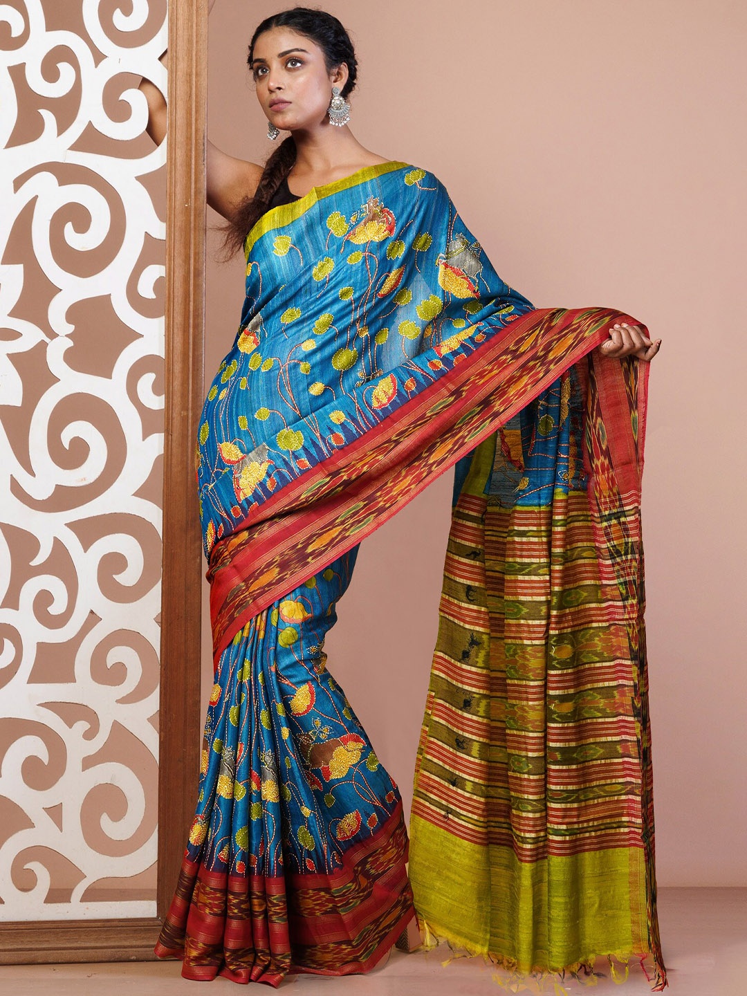 

Unnati Silks Ethnic Motifs Kantha Work Pure Silk Tussar Saree, Blue