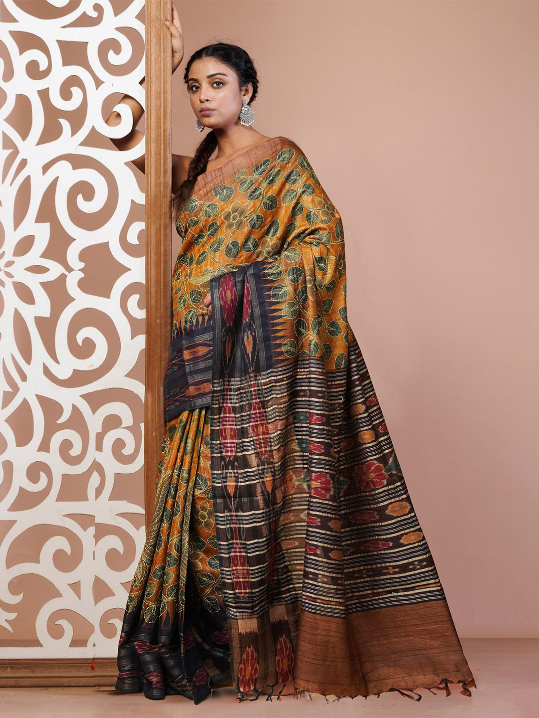 

Unnati Silks Ethnic Motifs Kantha Work Pure Silk Handloom Tussar Saree, Yellow