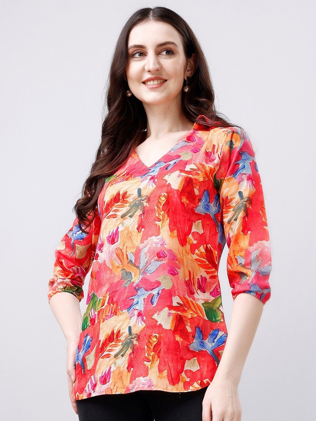 

PARNAVI Shirt Collar Abstract Printed Top, Red
