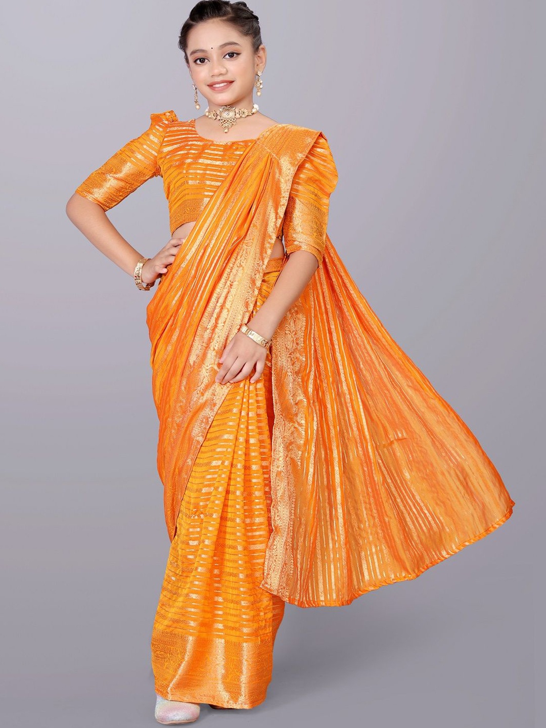 

BAESD Striped Pure Georgette Saree With Blouse Piece, Orange