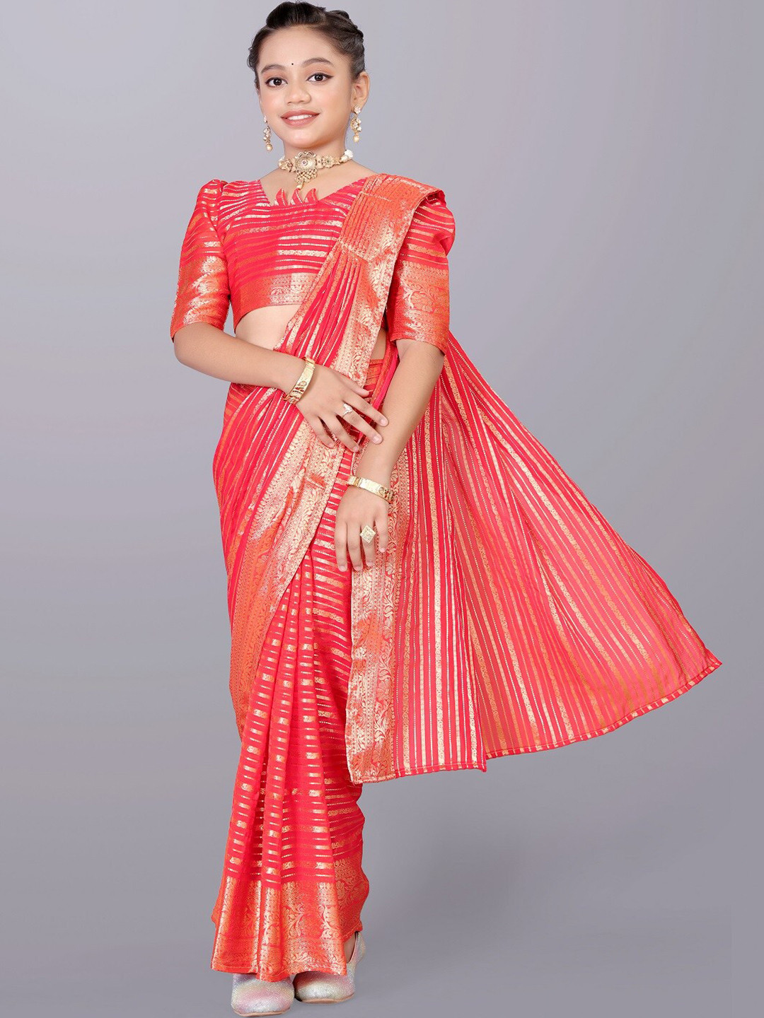 

BAESD Striped Pure Georgette Ready to Wear Saree, Orange