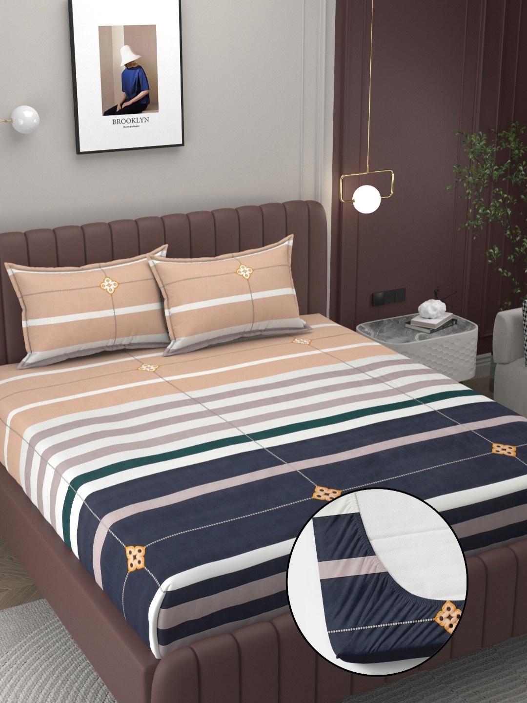 

BELVOSTUM Peach-Coloured & Navy Blue Striped 250 TC King Bedsheet with 2 Pillow Covers