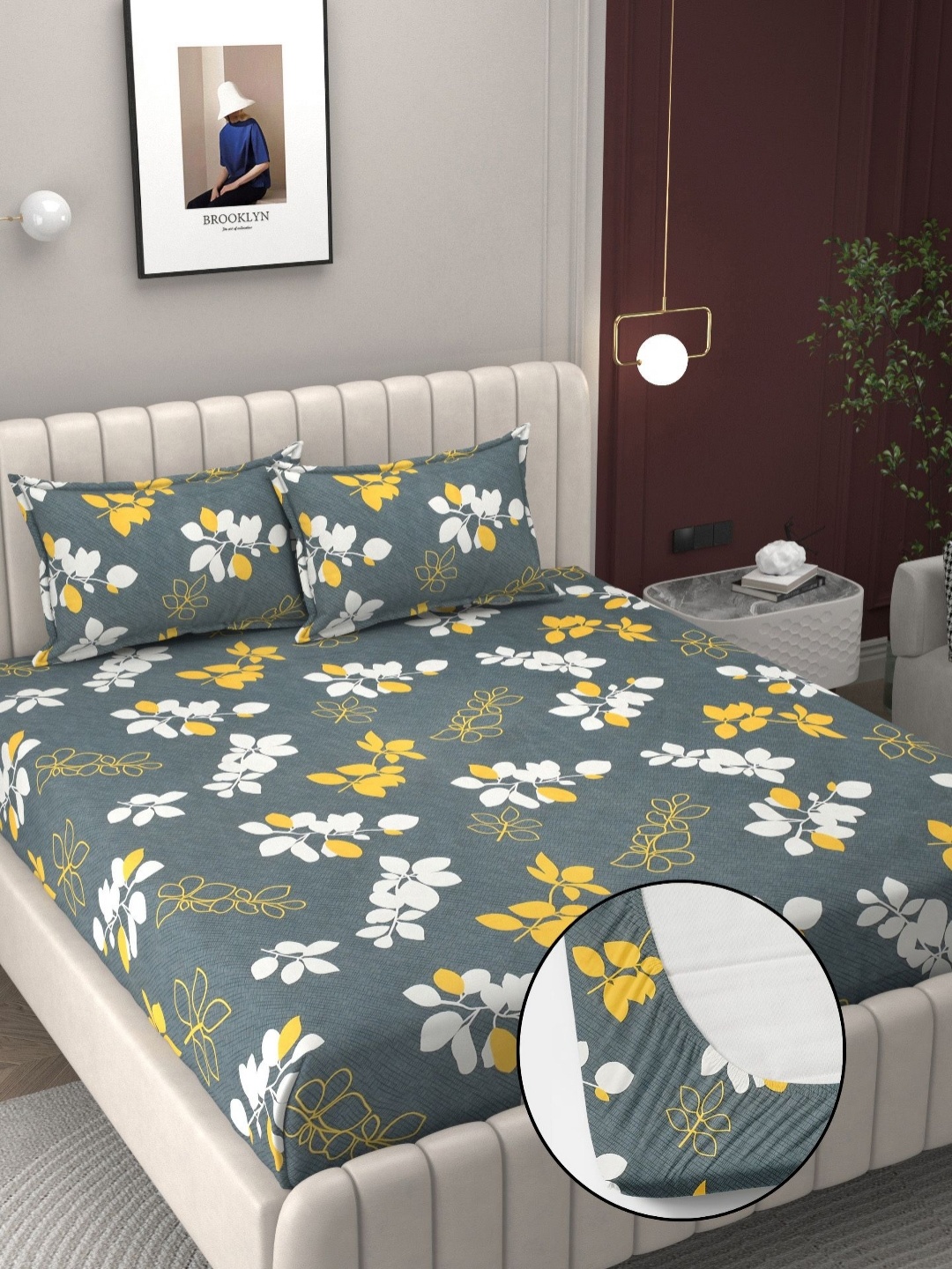 

BELVOSTUM Grey & Yellow Floral 250 TC King Bedsheet with 2 Pillow Covers