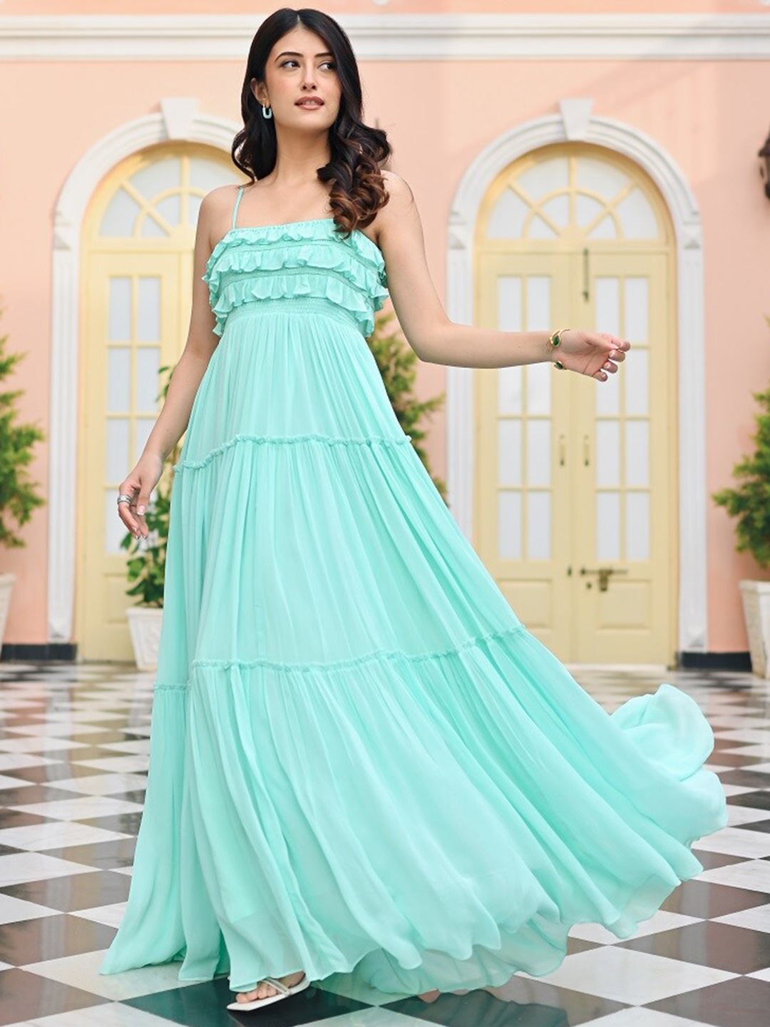 

Bunaai Blue Tiered Fit & Flared Georgette Maxi-Length Ethnic Dress