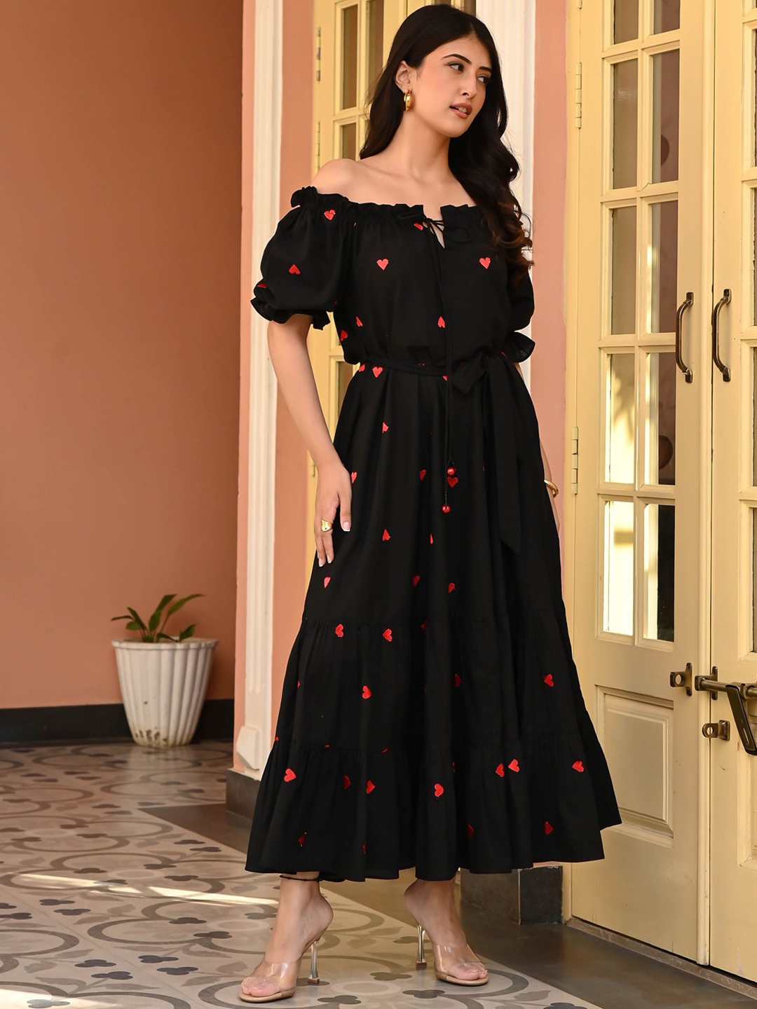 

Bunaai Embroidered Off-Shoulder Cotton Ethnic Maxi Dress, Black