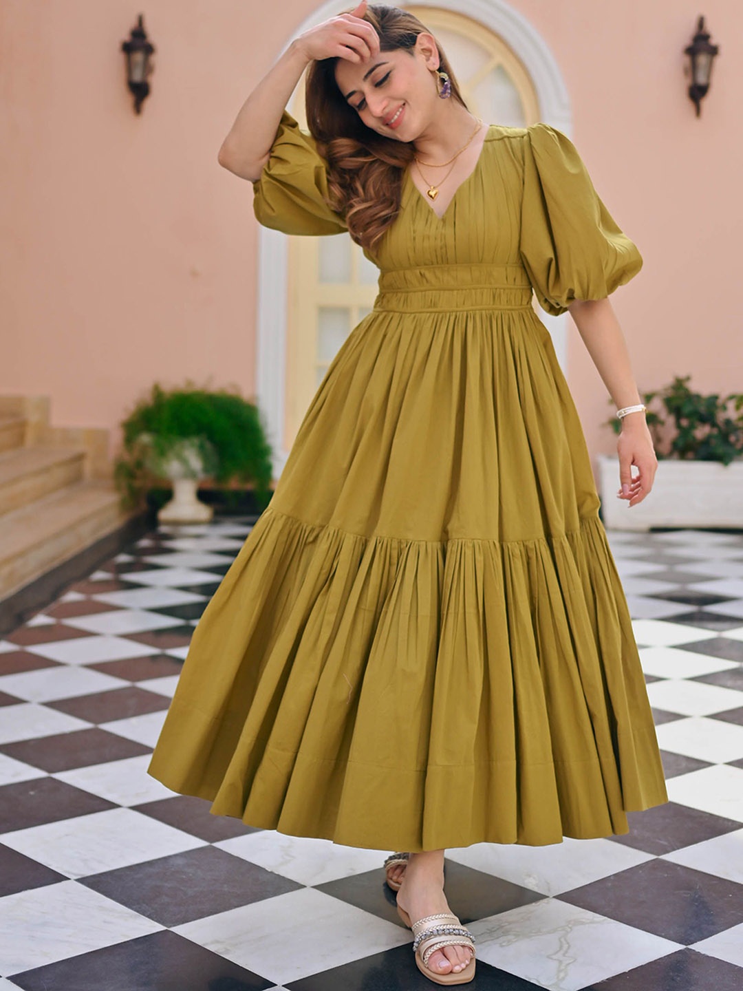 

Bunaai Flared Ethnic Dresses, Olive