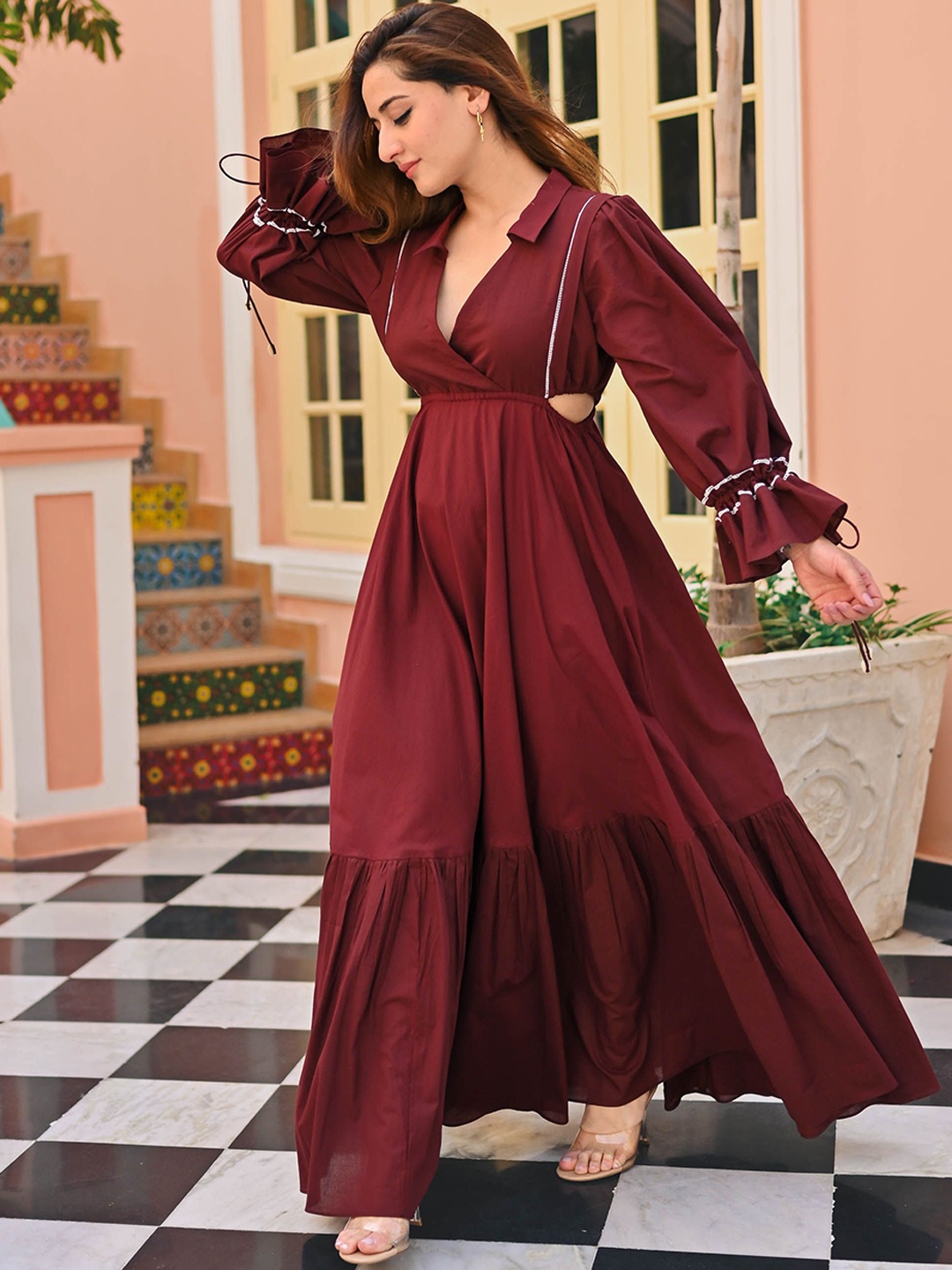 

Bunaai Solid Cut-Outs Detail Cotton Ethnic Maxi Dress, Maroon
