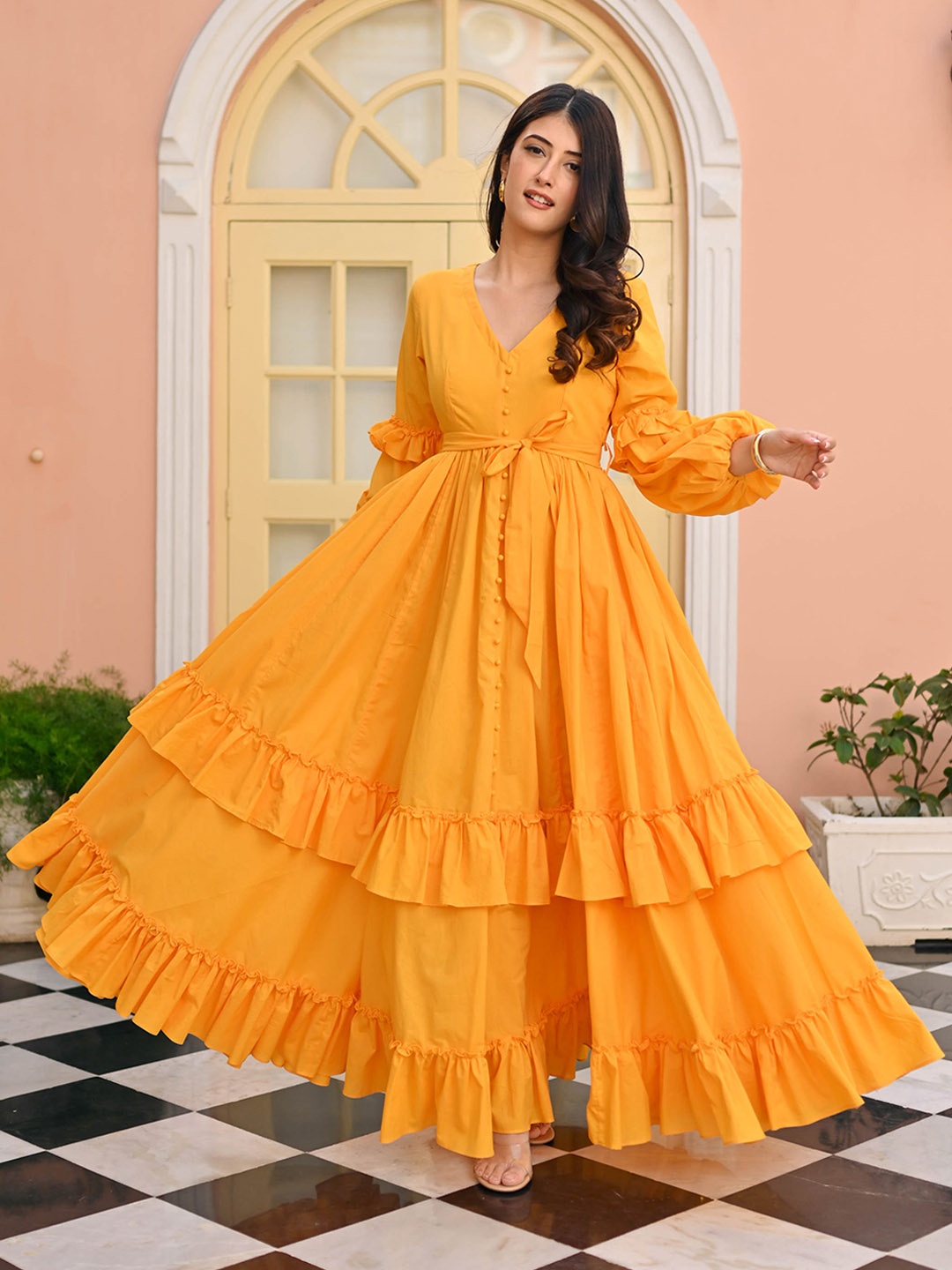 

Bunaai Cotton Fit & Flared Maxi Ethnic Dresses, Yellow