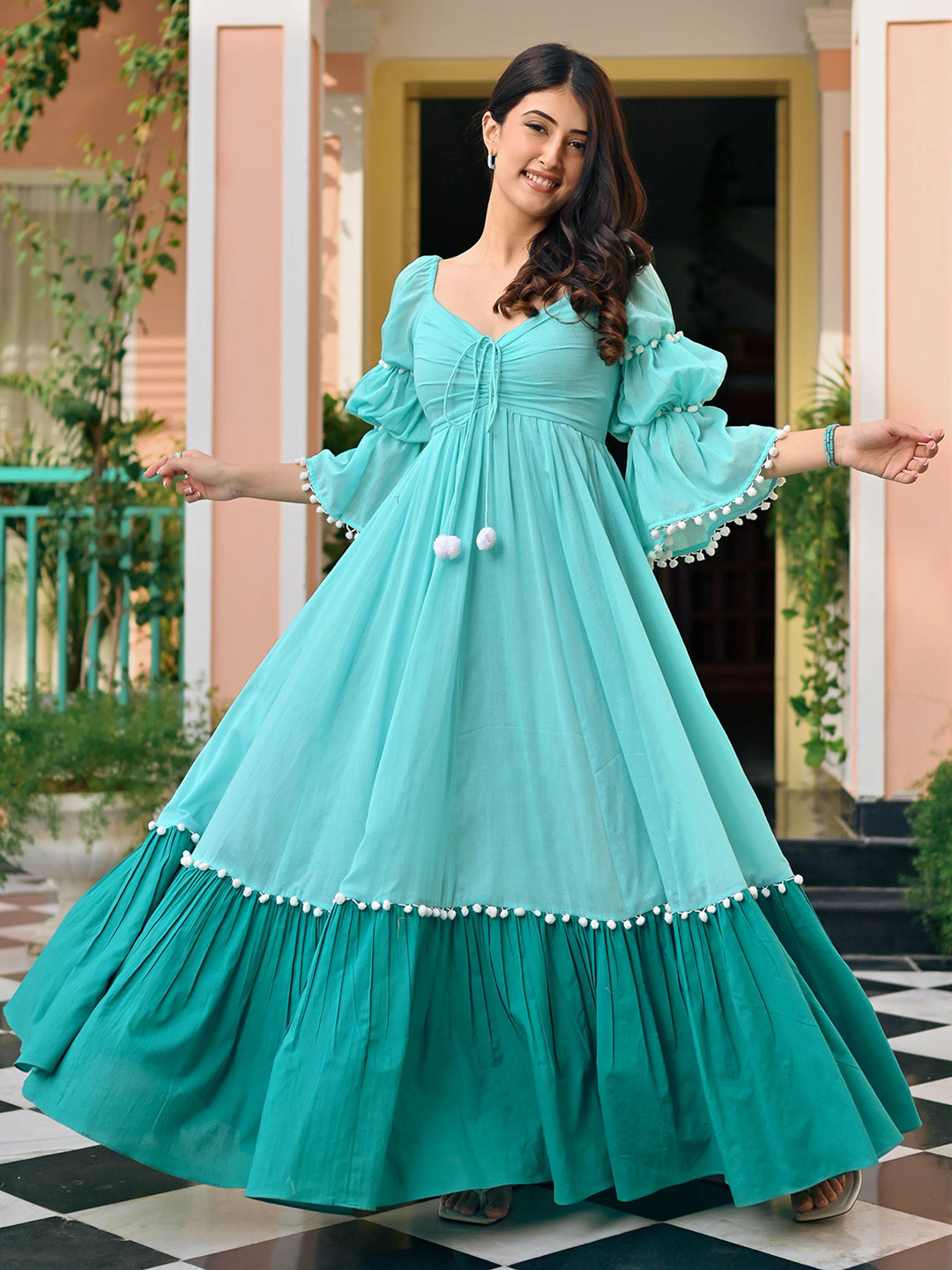 

Bunaai Colourblocked Radiant Cotton Maxi Empire Ethnic Dress, Turquoise blue
