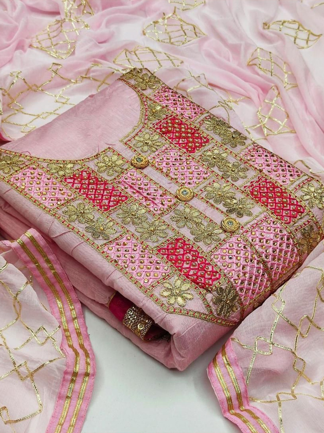 

Dori Embroidered Pure Silk Unstitched Dress Material, Pink