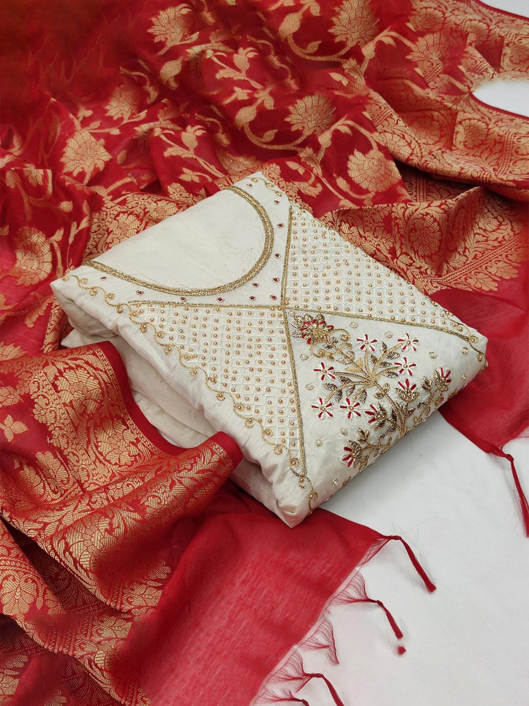 

Dori Embroidered Pure Silk Unstitched Dress Material, White