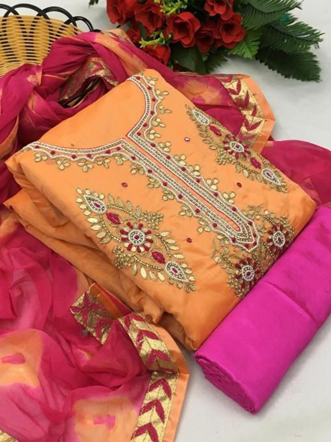 

Dori Embroidered Pure Silk Unstitched Dress Material, Orange