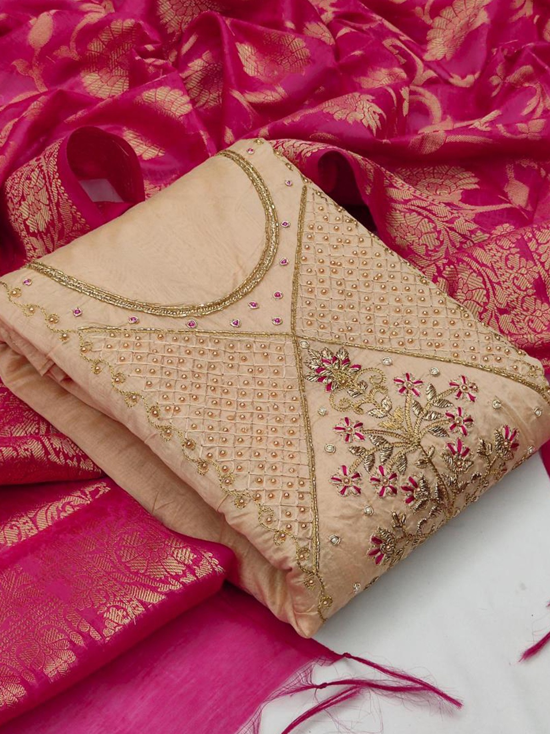 

Dori Embroidered Pure Silk Unstitched Dress Material, Beige