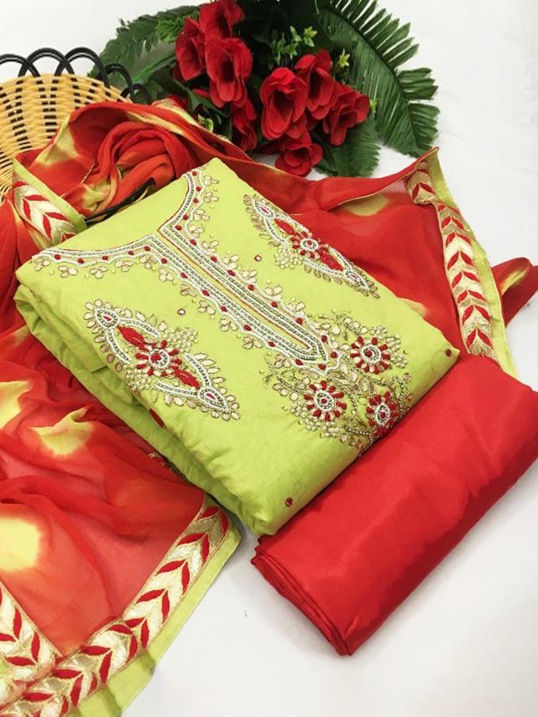 

Dori Embroidered Pure Silk Unstitched Dress Material, Olive