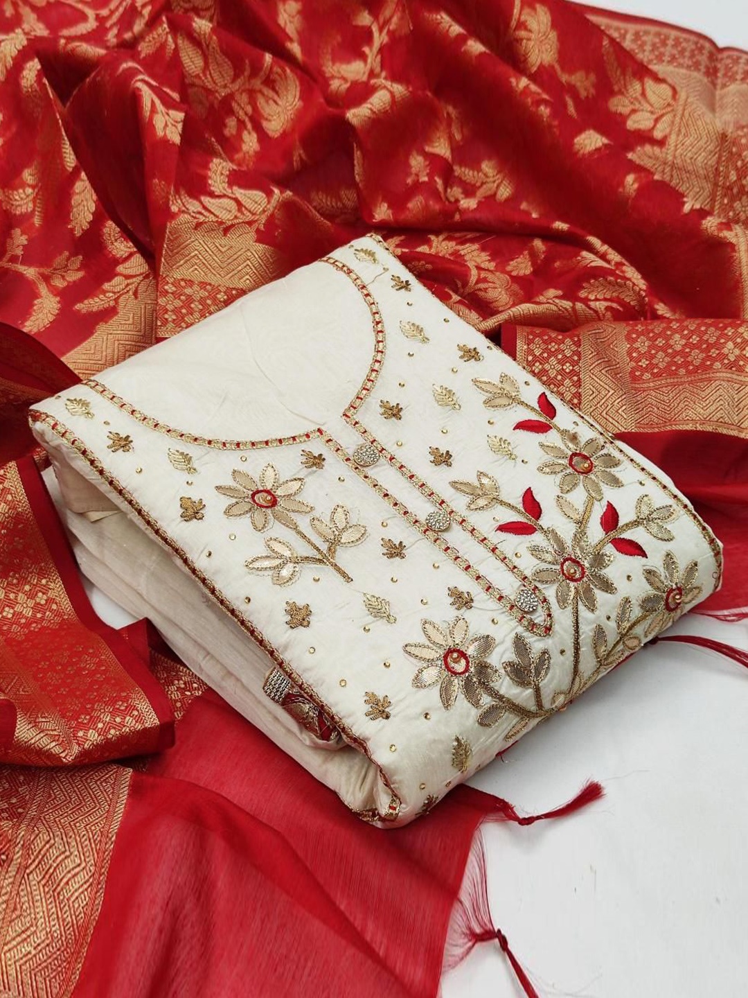 

Dori Embroidered Pure Silk Unstitched Dress Material, White